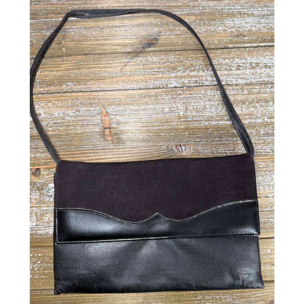 Vintage Black Leather Shoulder Bag Minimalist 90s Y2K Baguette Clutch Chic‎